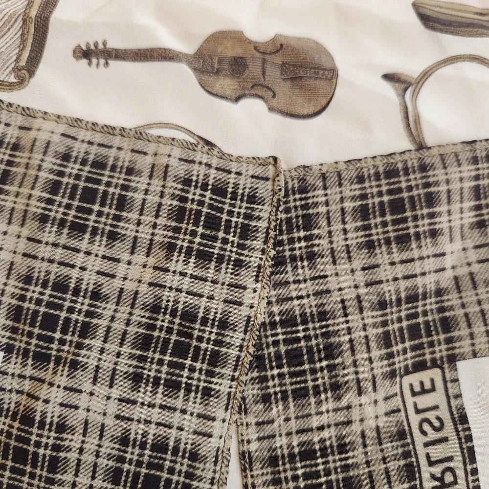 New Carlisle Silk Scarf Musical Instruments Print Plaid Brown Italy Vintage Nwt